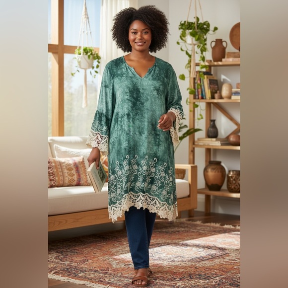 COTTAGECORE FAIRY Sz XL Green Cream 3/4 Sleeve Tie Dye Dress Embroidered Crochet - Picture 2 of 10